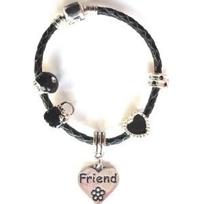 Children's Friend 'Simply Black' Silver Plated Black Leather Charm Bead Bracelet