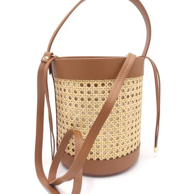 Bolso de mano en piel genuina lisa y rattan art. 112401