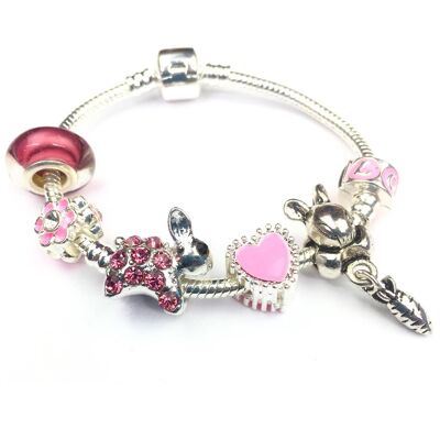 Versilbertes Charm Bead Armband für Kinder 'Pink Sparkle Bunny Rabbit'