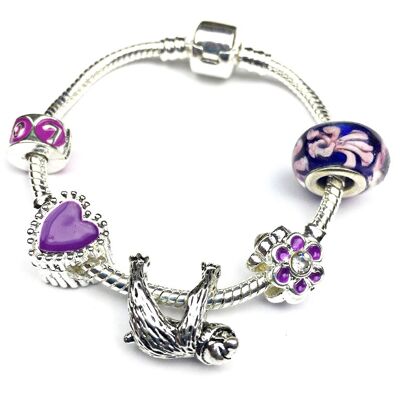 Children's Purple 'Just Chilling Sloth' Silver Plated Charm Bead Bracelet