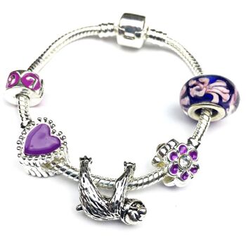 Bracelet de perles à breloques plaqué argent 'Just Chilling Sloth' violet pour enfants