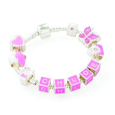 Bracelet de perles de charme plaqué argent avec nom personnalisé pour enfants `` Think In Pink ''