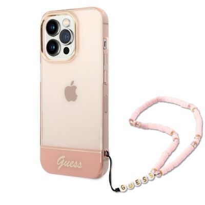 Coque Guess Colors avec lanière perlée pour iPhone 14 Pro - Rose translucide