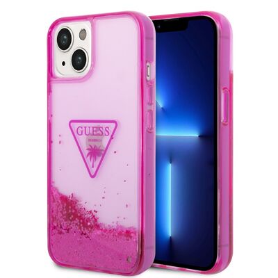 Coque Guess Glitter Palm à paillettes flottantes pour iPhone 14 Plus - Rose translucide