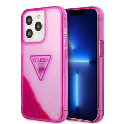 Coque Guess Glitter Palm à paillettes flottantes pour iPhone 14 Pro - Rose translucide