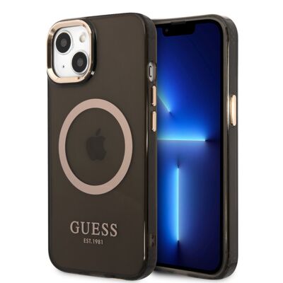 Coque Guess TPU Magsafe Gold Outline pour iPhone 14 - Noire translucide