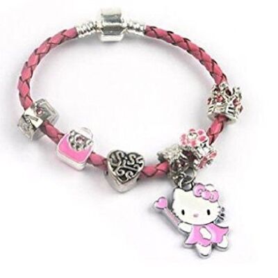 Bracelet de perles de charme en cuir tressé rose Sis 'Pink Kitty Cat Glamour'
