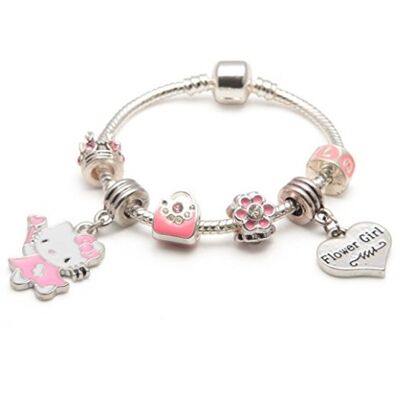 Kinder Blumenmädchen 'Pink Kitty Cat Glamour' versilbert Charm Perlen Armband