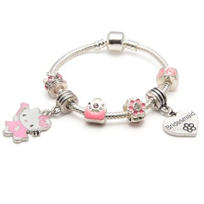 Kinder Brautjungfer 'Pink Kitty Cat Glamour' versilbert Charm Perlen Armband