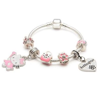 Ahijada 'Pink Kitty Cat Glamour' Pulsera de abalorios bañada en plata