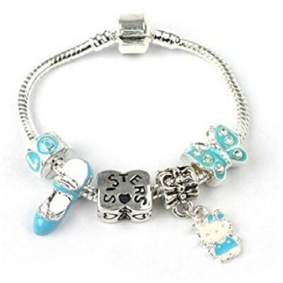 Bracelet de perles à breloques plaqué argent `` Blue Kitty Cat '' pour enfants
