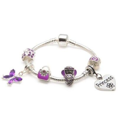 Braccialetto di perline con ciondolo in argento placcato principessa "Purple Fairy Dream" per bambini
