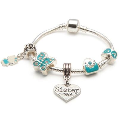 Kinder Schwester 'Blue Butterfly' versilbert Charm Perlen Armband