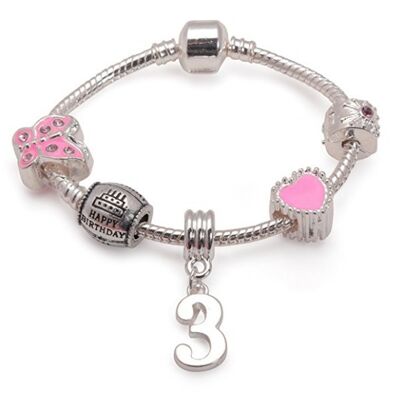 Bracelet de perles à breloques plaqué argent rose 'Happy 3rd Birthday' pour enfants
