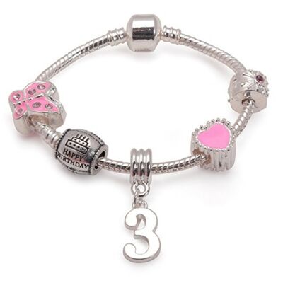 Childrens Pink 'Happy 3rd Birthday' Silver Plated Charm Bead Bracelet