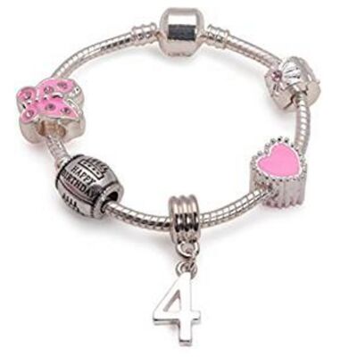 Bracelet de perles à breloques plaqué argent rose 'Happy 4th Birthday' pour enfants