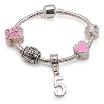 Kinder Pink 'Happy 5th Birthday' versilbert Charm Perlen Armband