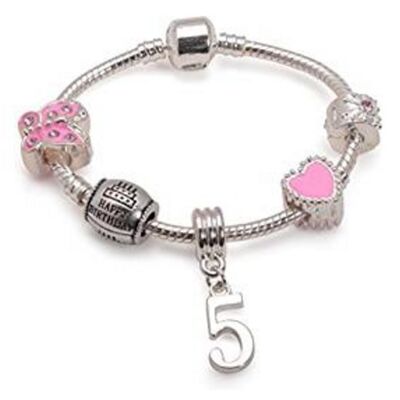 Pulsera infantil rosa con abalorios chapada en plata `` Happy 5th Birthday ''