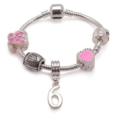 Children's Pink 'Happy 6th Birthday' Silver Plated Charm Bead Bracelet