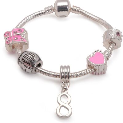 Children's Pink 'Happy 8th Birthday' Silver Plated Charm Bead Bracelet
