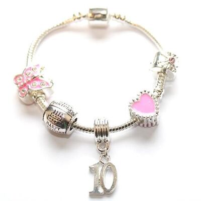 Children's Pink 'Happy 10th Birthday' Silver Plated Charm Bead Bracelet