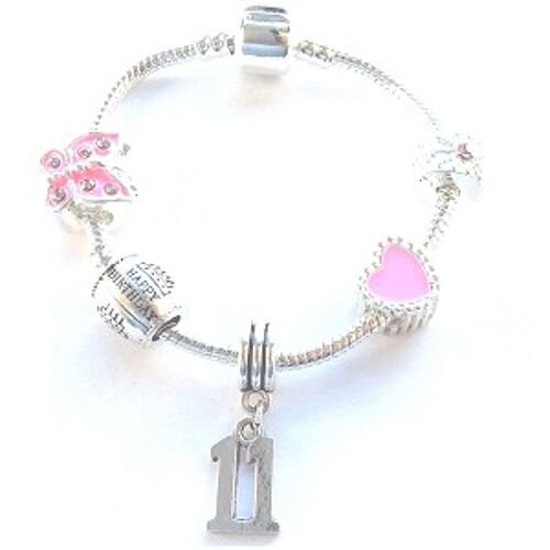 Children's Pink 'Happy 11th Birthday' Silver Plated Charm Bead Bracelet