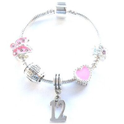 Pulsera infantil rosa con abalorios chapada en plata 'Happy 12th Birthday'