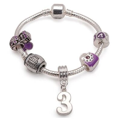 Bracelet en perles à breloques plaqué argent violet 'Happy 3rd Birthday' pour enfants
