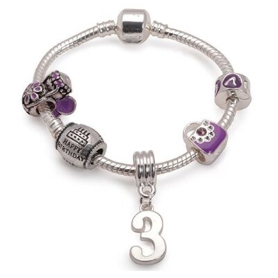Pulsera infantil de abalorios chapada en plata `` Feliz 3er cumpleaños '', color morado