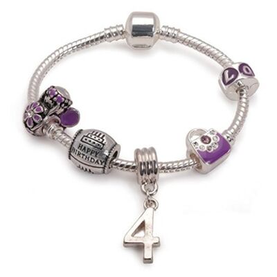 Children's Purple 'Happy 4th Birthday' Silver Plated Charm Bead Bracelet