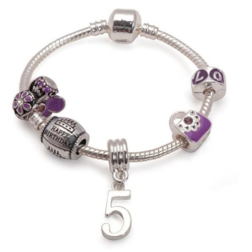 Children's Purple 'Happy 5th Birthday' Silver Plated Charm Bead Bracelet