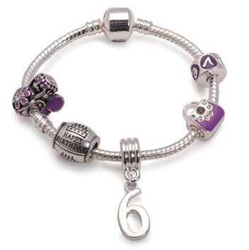 Bracelet en perles à breloques plaqué argent violet `` Happy 6th Birthday '' pour enfants