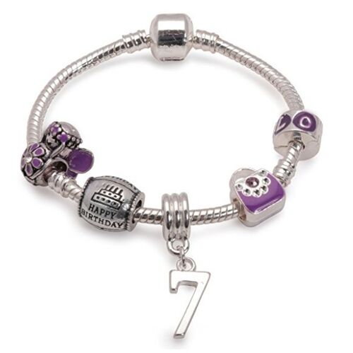 Children's Purple 'Happy 7th Birthday' Silver Plated Charm Bead Bracelet