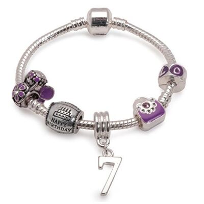 Braccialetto viola per bambini "Happy 7th Birthday" con perline placcate in argento