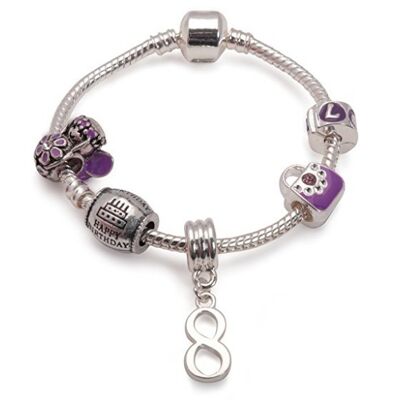 Pulsera infantil de abalorios plateados chapada en plata `` Feliz octavo cumpleaños '' morada para niños