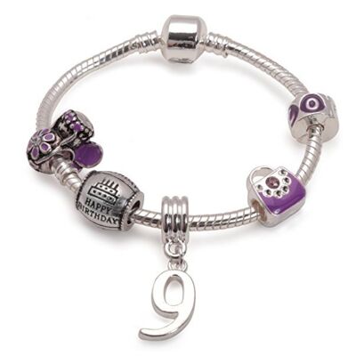 Lila versilbertes Charm-Perlenarmband für Kinder "Happy 9th Birthday"