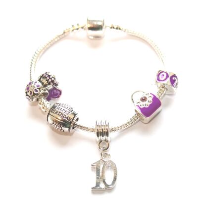 Braccialetto per bambini con ciondoli in argento placcato viola "Happy 10th Birthday"