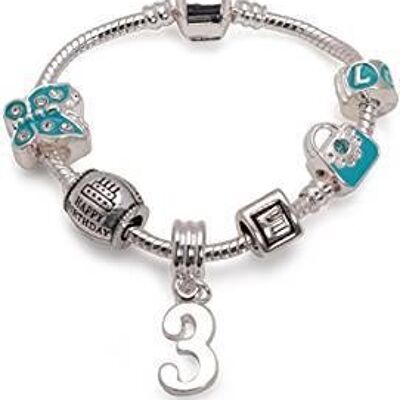 Braccialetto per bambini in argento placcato blu "Happy 3rd Birthday"