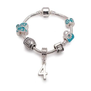 Bracelet de perles à breloques plaqué argent 'Happy 4th Birthday' bleu pour enfants