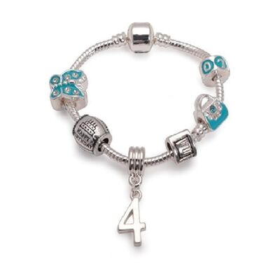 Children's Blue 'Happy 4th Birthday' Silver Plated Charm Bead Bracelet