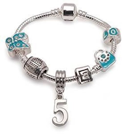 Children's Blue 'Happy 5th Birthday' Silver Plated Charm Bead Bracelet