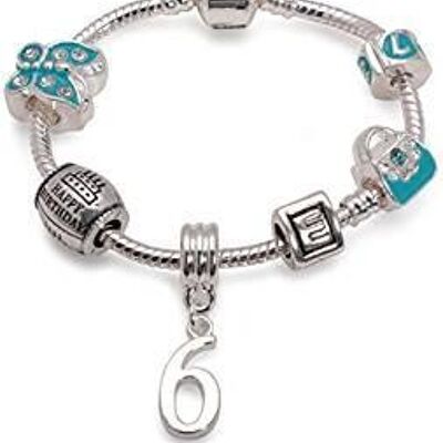 Bracelet en perles à breloques plaqué argent 'Happy 6th Birthday' bleu pour enfants