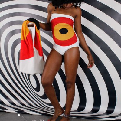 retro strapless swimsuit inspired by Cardin / Mod strapless swimsuit