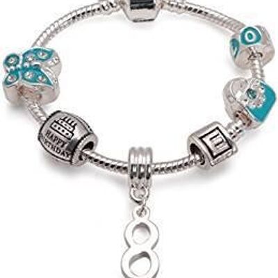 Kinder blau 'Happy 8th Birthday' versilbert Charm Perlen Armband