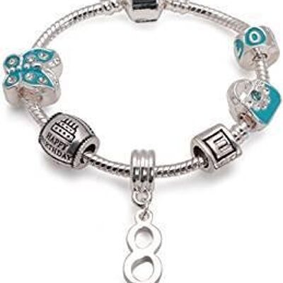 Children's Blue 'Happy 8th Birthday' Silver Plated Charm Bead Bracelet