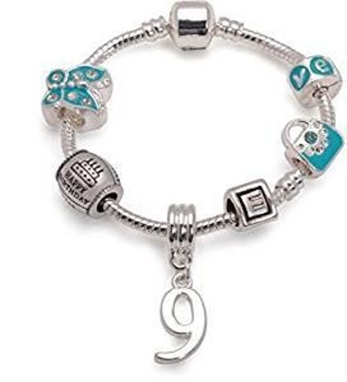 Children's Blue 'Happy 9th Birthday' Silver Plated Charm Bead Bracelet