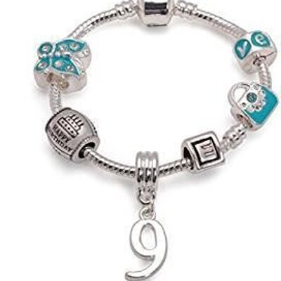 Bracelet en perles à breloques plaqué argent 'Happy 9th Birthday' bleu pour enfants