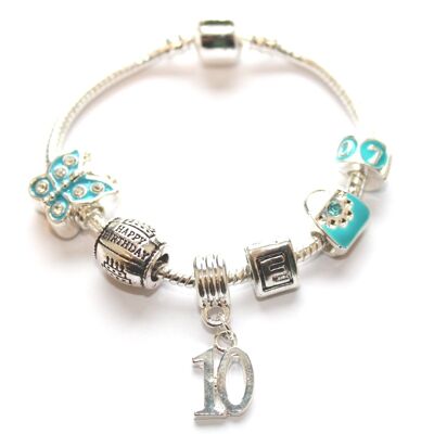 Children's Blue 'Happy 10th Birthday' Silver Plated Charm Bead Bracelet