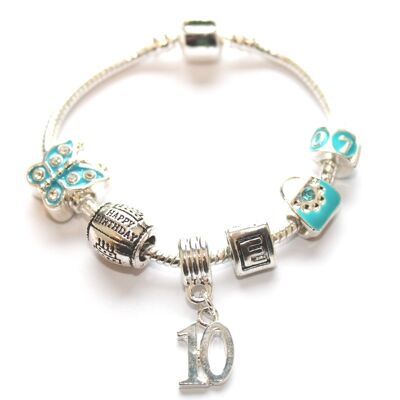 Pulsera infantil azul con abalorios chapados en plata 'Feliz décimo cumpleaños'