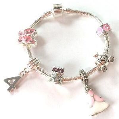 Bracelet de perles à breloques plaqué argent 'Pink Princess 4th Birthday' pour enfant